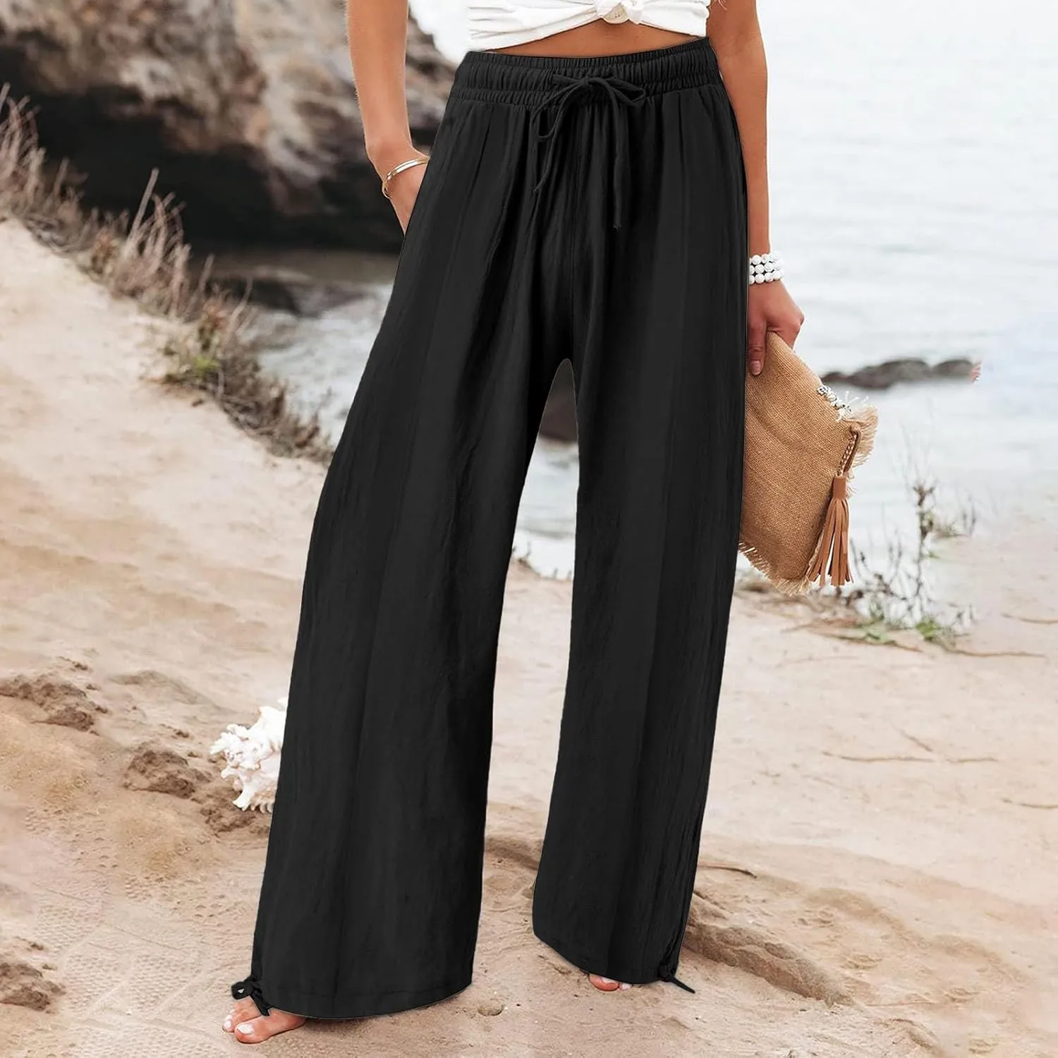 Linen Palazzo Pants for Women Dressy Summer Wide Leg Flowy Pants Boho Drawstring Beach Lounge Trousers with Pockets
