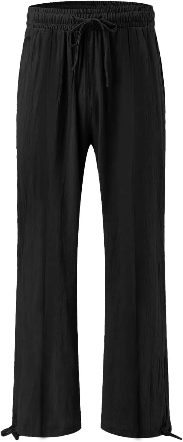 Linen Palazzo Pants for Women Dressy Summer Wide Leg Flowy Pants Boho Drawstring Beach Lounge Trousers with Pockets