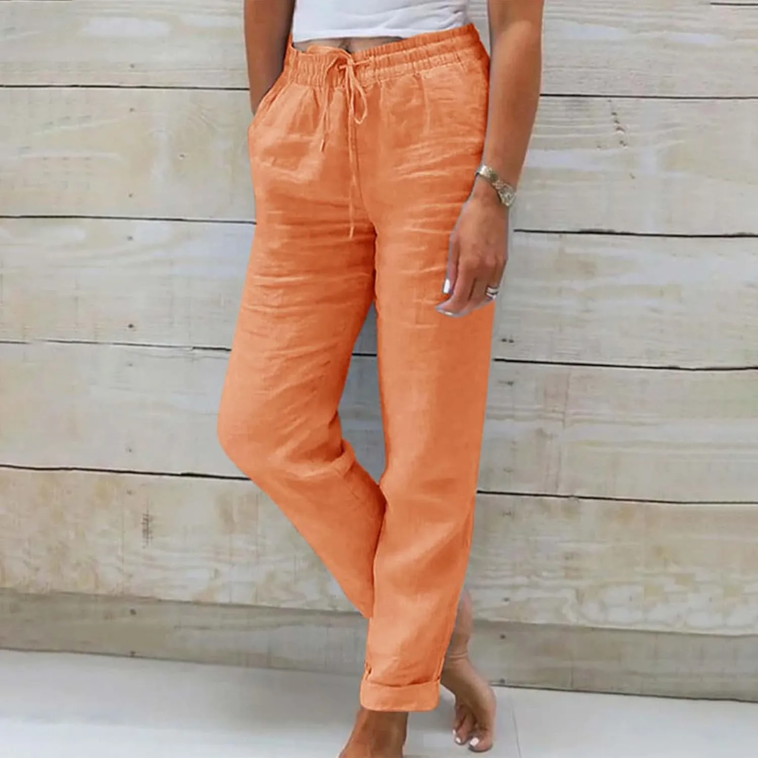 Linen Pants for Women 2025 Loose Fit Drawstring Straight Leg Gauze Pant Lightweight Lounge Beach Vacation Trousers