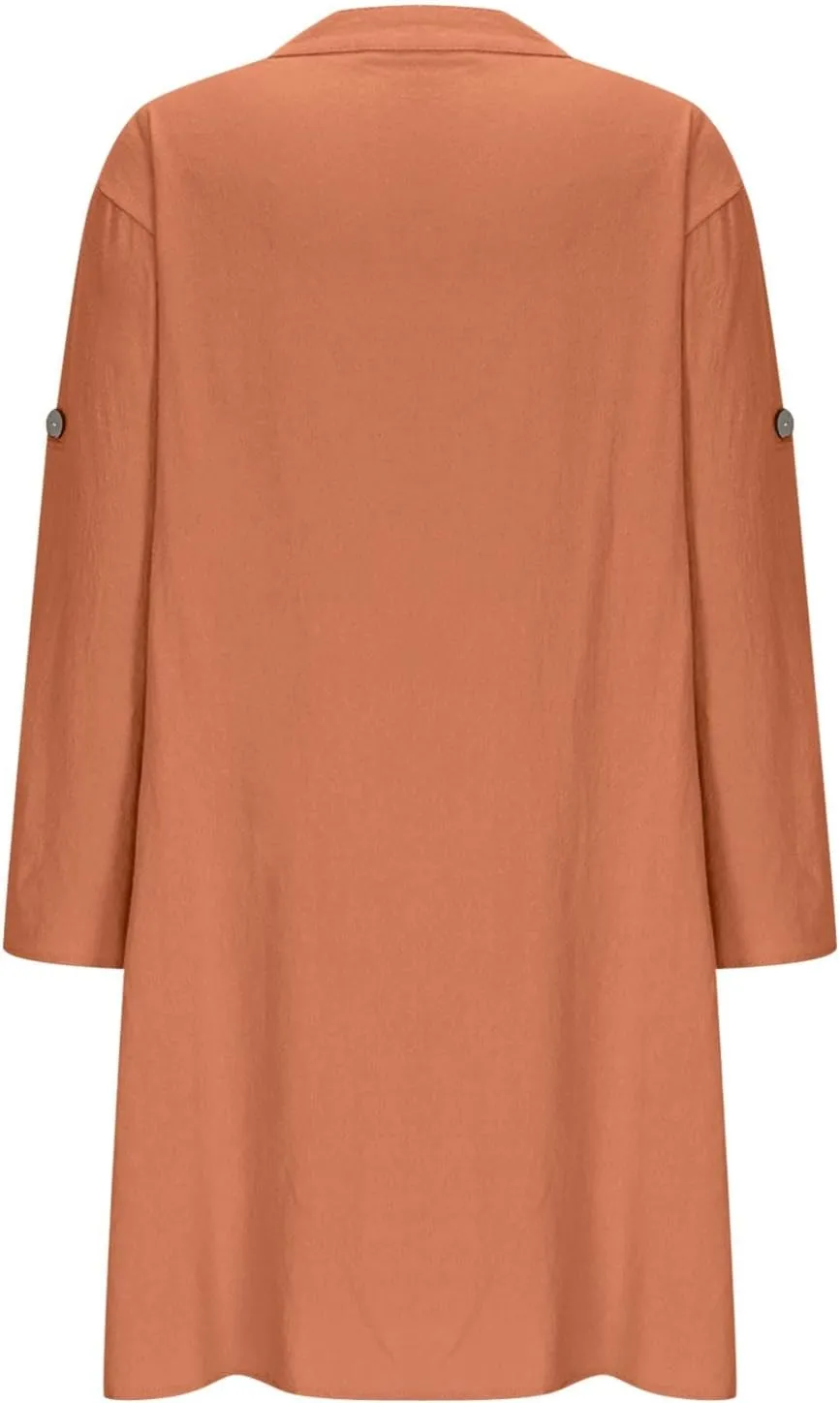 Lmdudan Plus Size Women Cotton Linen Midi Dress V Neck Long Sleeve Summer Dresses Beach Vacation Casual Tunic Dress