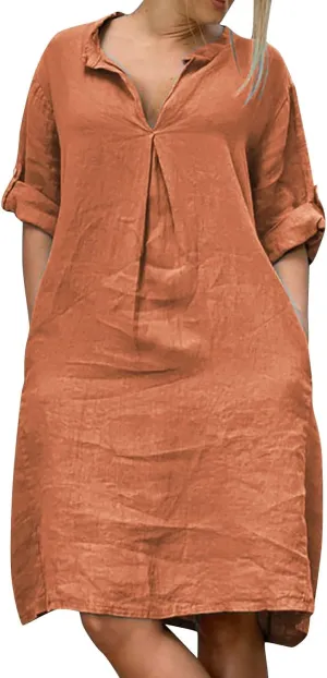 Lmdudan Plus Size Women Cotton Linen Midi Dress V Neck Long Sleeve Summer Dresses Beach Vacation Casual Tunic Dress