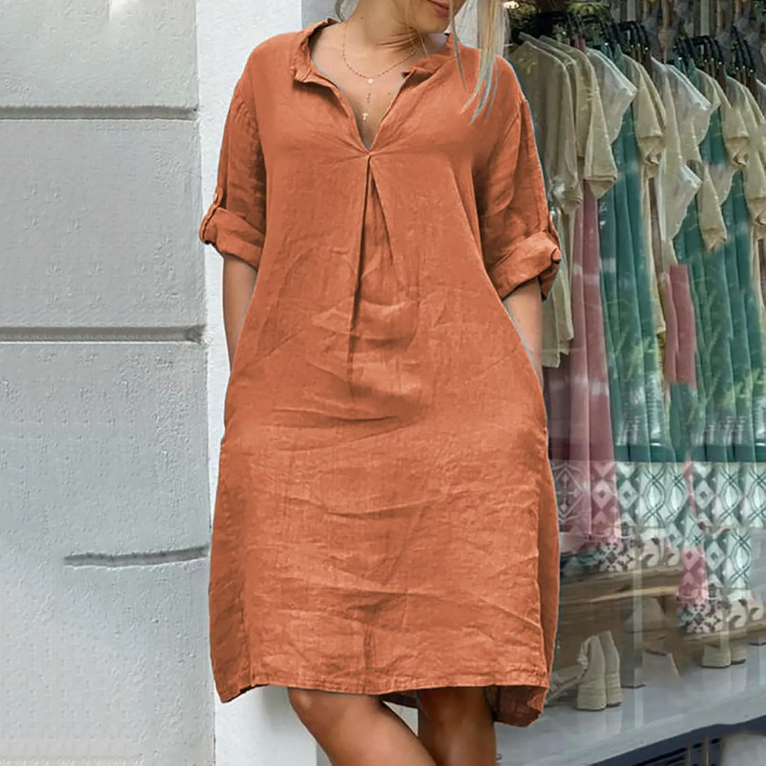 Lmdudan Plus Size Women Cotton Linen Midi Dress V Neck Long Sleeve Summer Dresses Beach Vacation Casual Tunic Dress