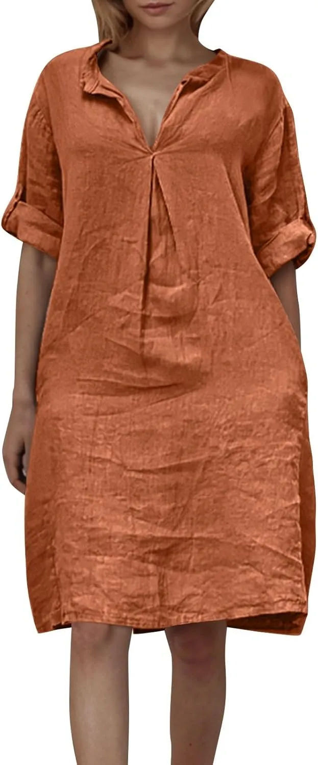 Lmdudan Plus Size Women Cotton Linen Midi Dress V Neck Long Sleeve Summer Dresses Beach Vacation Casual Tunic Dress