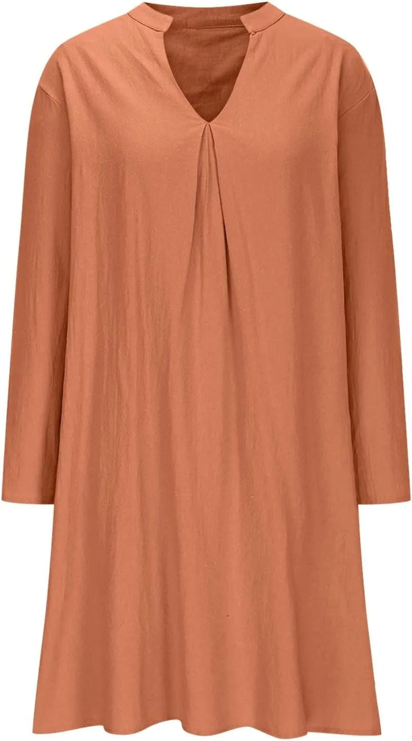 Lmdudan Plus Size Women Cotton Linen Midi Dress V Neck Long Sleeve Summer Dresses Beach Vacation Casual Tunic Dress