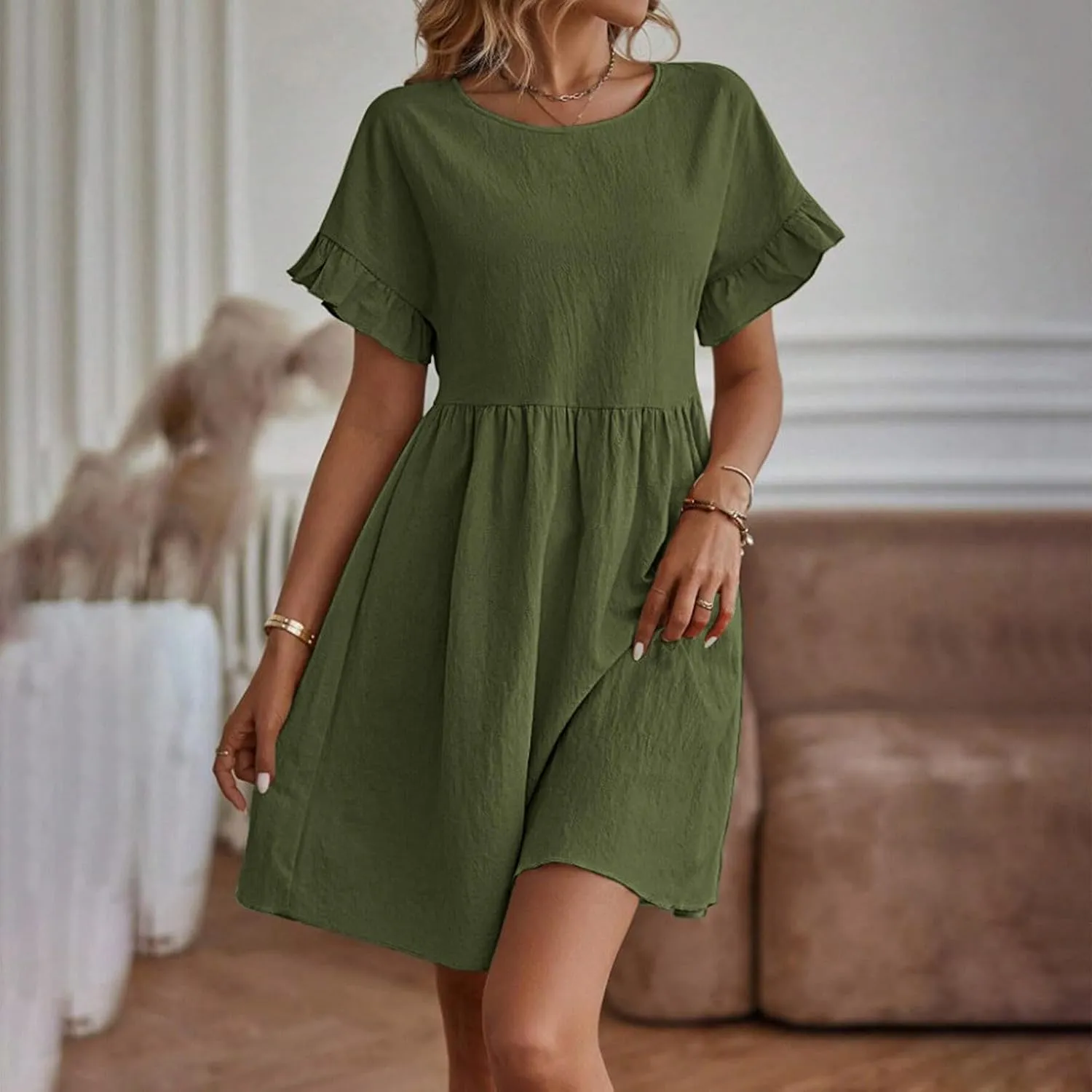 Lmdudan Summer Cotton Linen Dress Womens Casual Mini Dresses Short Sleeve Ruffle A-line High Waist Sundress Vacation Outfit