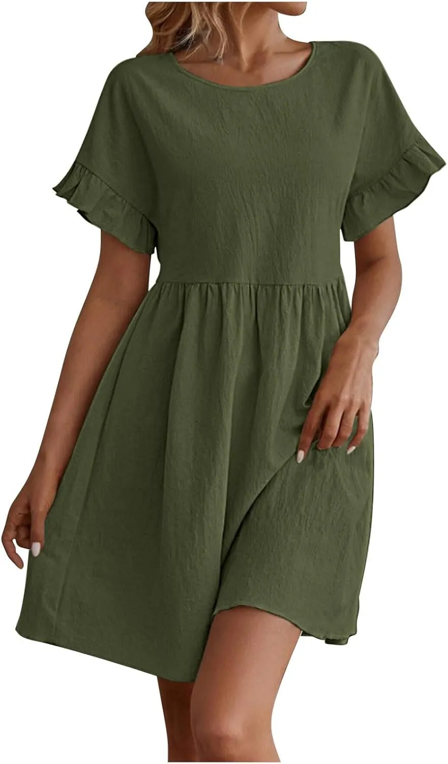 Lmdudan Summer Cotton Linen Dress Womens Casual Mini Dresses Short Sleeve Ruffle A-line High Waist Sundress Vacation Outfit
