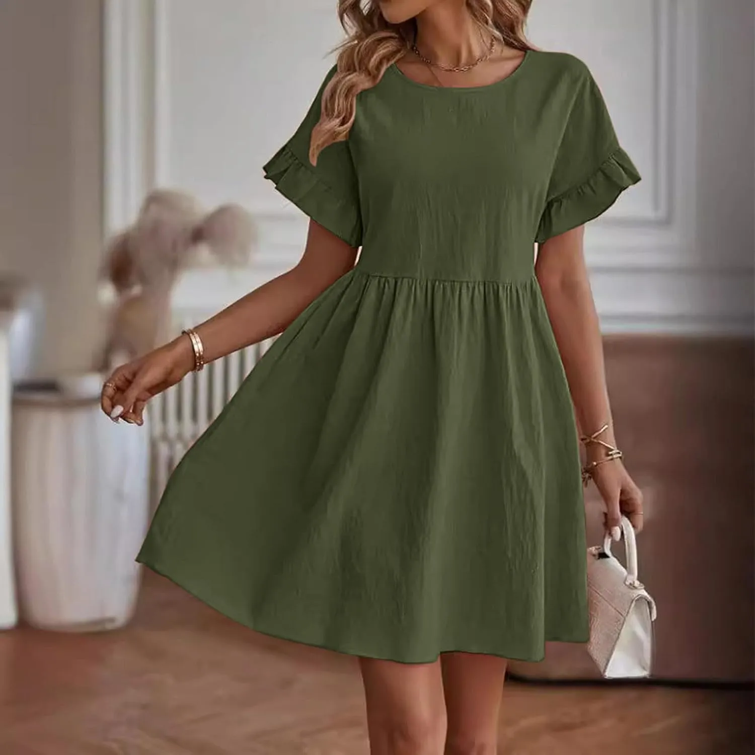 Lmdudan Summer Cotton Linen Dress Womens Casual Mini Dresses Short Sleeve Ruffle A-line High Waist Sundress Vacation Outfit
