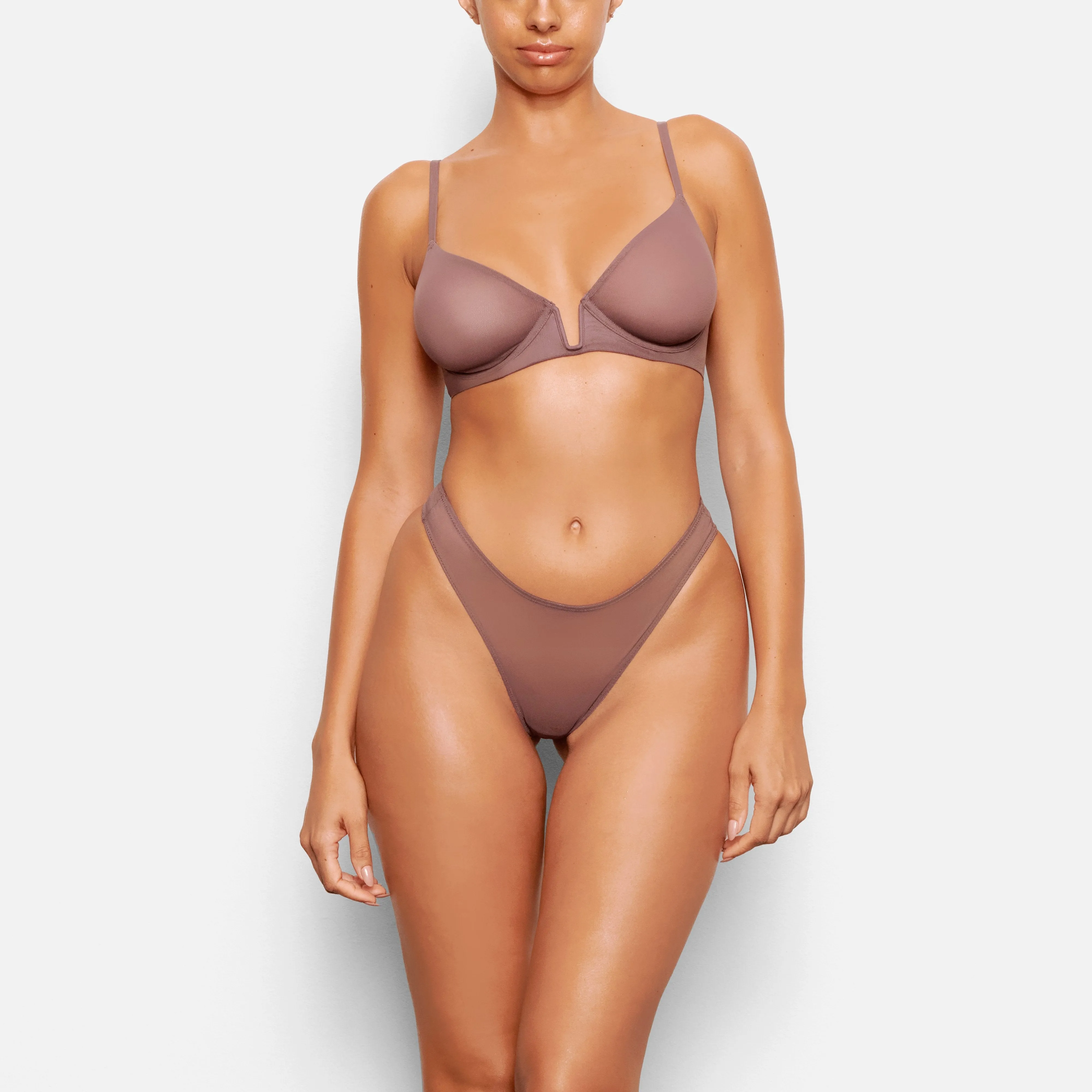 MESH ONE WIRE PLUNGE BRA | PLUM