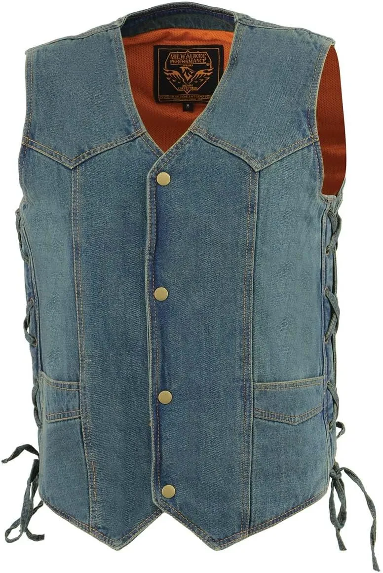 Milwaukee Leather DM1315 Men's Black Classic Denim Western Style Cowboy Biker Vest with Adjustable Side Laces