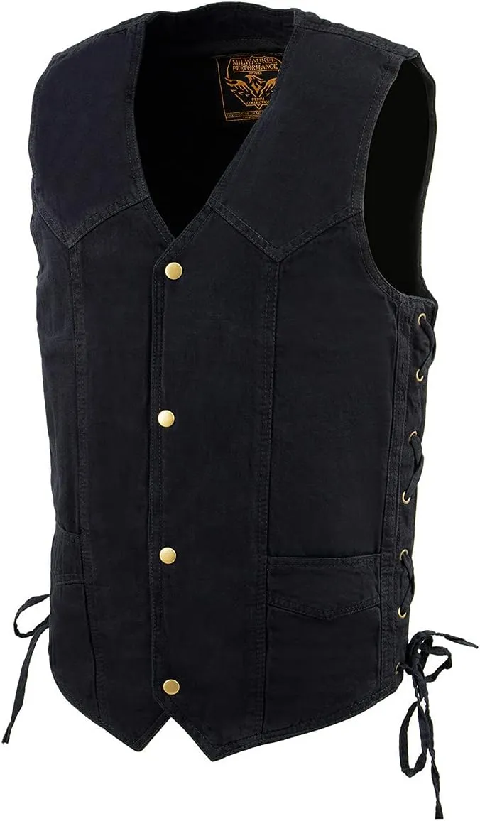 Milwaukee Leather DM1315 Men's Black Classic Denim Western Style Cowboy Biker Vest with Adjustable Side Laces