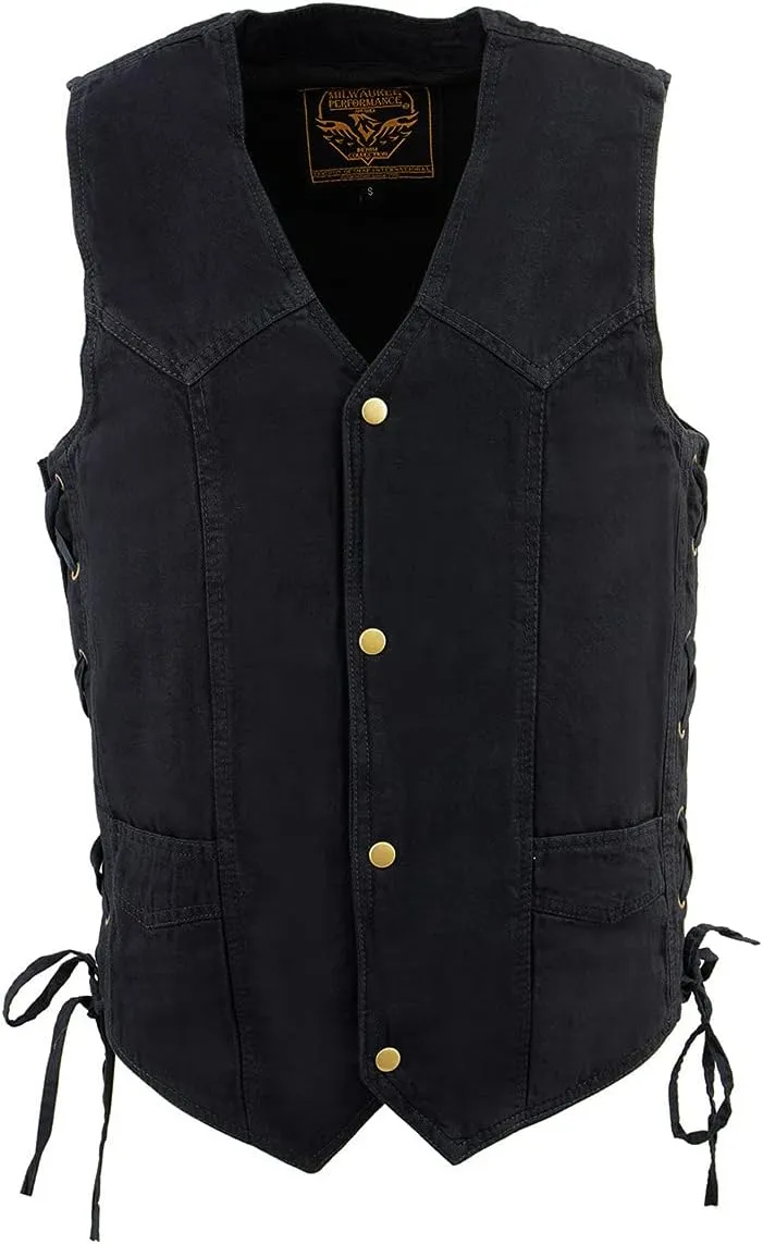 Milwaukee Leather DM1315 Men's Black Classic Denim Western Style Cowboy Biker Vest with Adjustable Side Laces