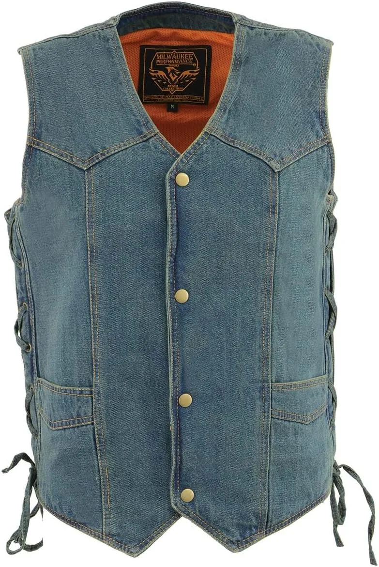 Milwaukee Leather DM1315 Men's Black Classic Denim Western Style Cowboy Biker Vest with Adjustable Side Laces