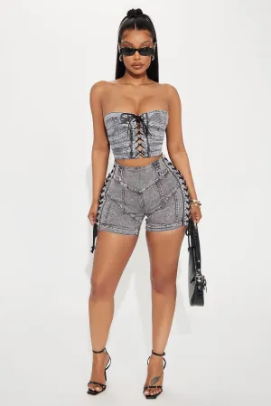 Most Likely Lace Up Stretch Denim Shorts - Grey
