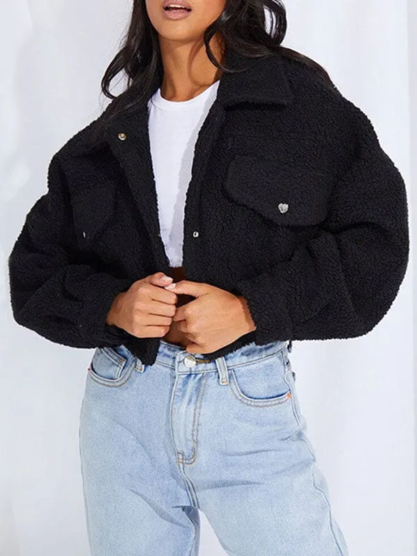 New Faux Fur Coats Ecru White Long Sleeves Stretch Front Button Winter Short Coat