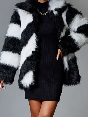 New Faux Fur Coats For Women Black Turndown Collar Long Sleeves Two Tone Stretch Winter Coat
