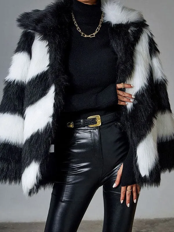 New Faux Fur Coats For Women Black Turndown Collar Long Sleeves Two Tone Stretch Winter Coat