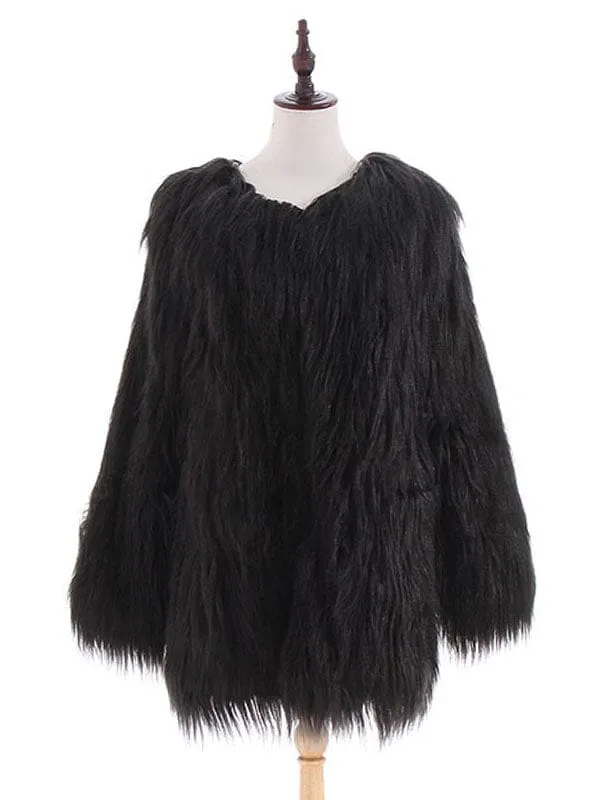 New White Faux Fur Coats Long Sleeves Casual Oversized Jewel Neck Short Winter Coat