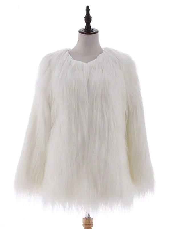 New White Faux Fur Coats Long Sleeves Casual Oversized Jewel Neck Short Winter Coat