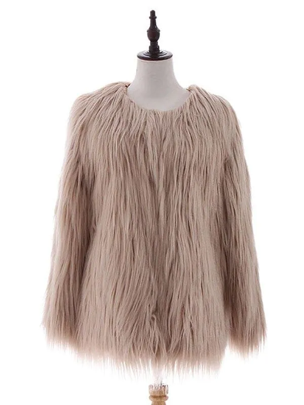 New White Faux Fur Coats Long Sleeves Casual Oversized Jewel Neck Short Winter Coat