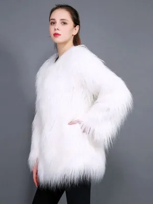 New White Faux Fur Coats Long Sleeves Casual Oversized Jewel Neck Short Winter Coat
