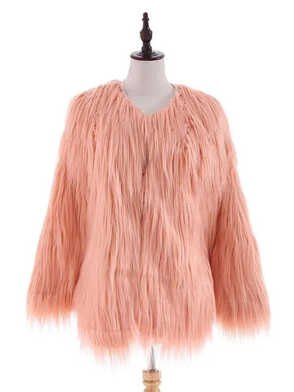 New White Faux Fur Coats Long Sleeves Casual Oversized Jewel Neck Short Winter Coat