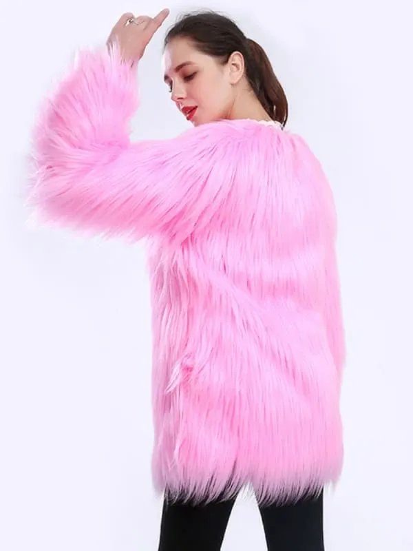 New White Faux Fur Coats Long Sleeves Casual Oversized Jewel Neck Short Winter Coat