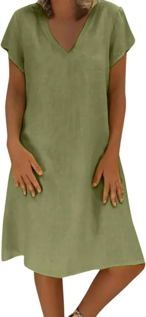 Plus Size Cotton Linen Dresses for Women 2024 Trendy, Summer Casual V-Neck Solid Short Sleeve Loose Beach Midi Dress Women Dresses and Jumpsuits Women Floral Dresses Green