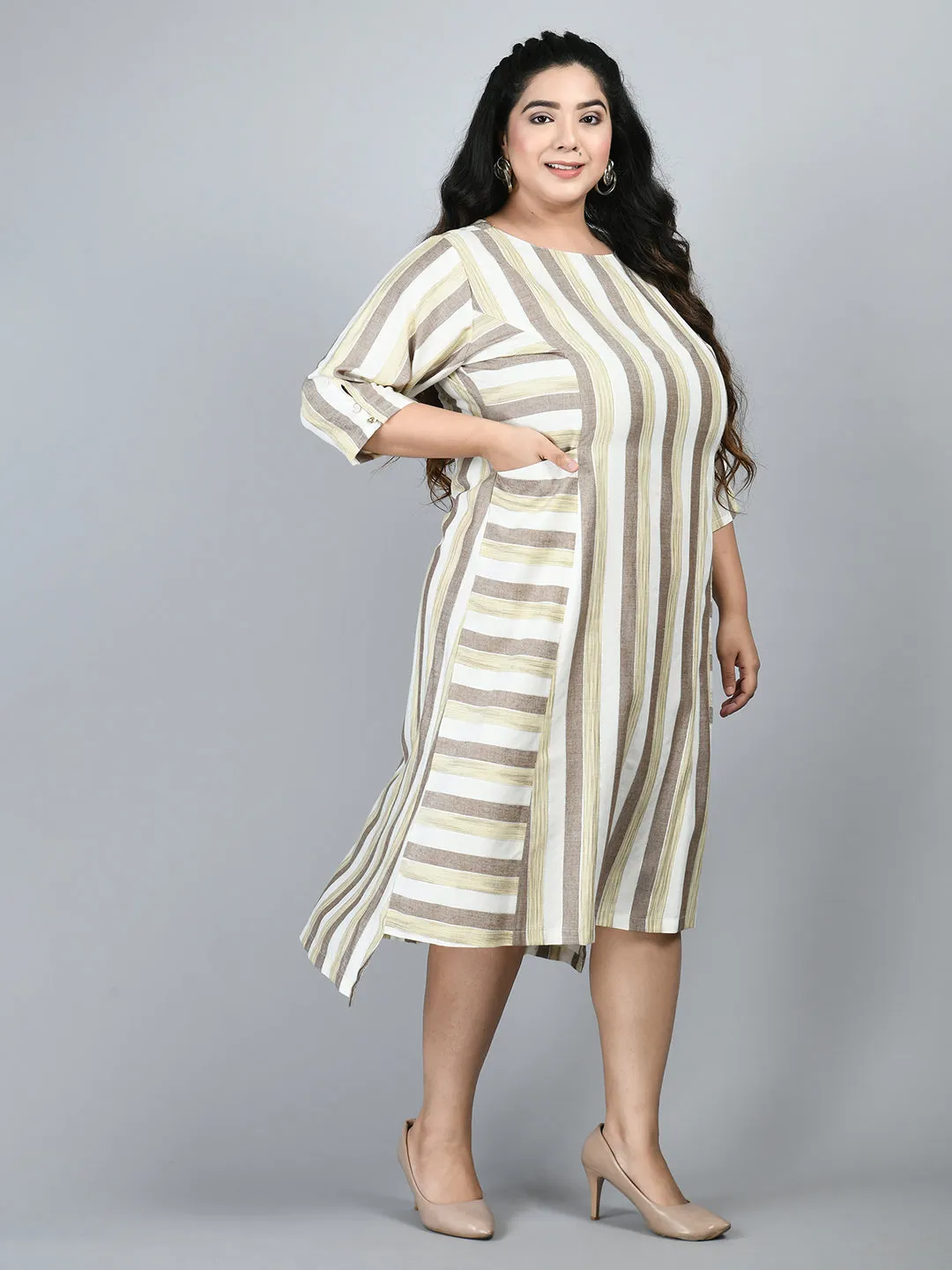 Plus Size Plus Size Striped Beige Midi Dress