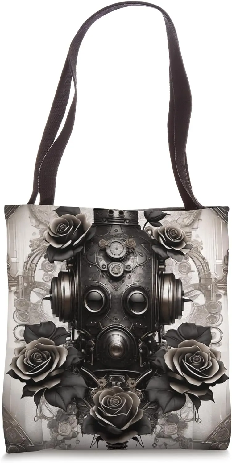 Robotic Dystopian Steampunk Vintage Geeky Black Roses Design Tote Bag