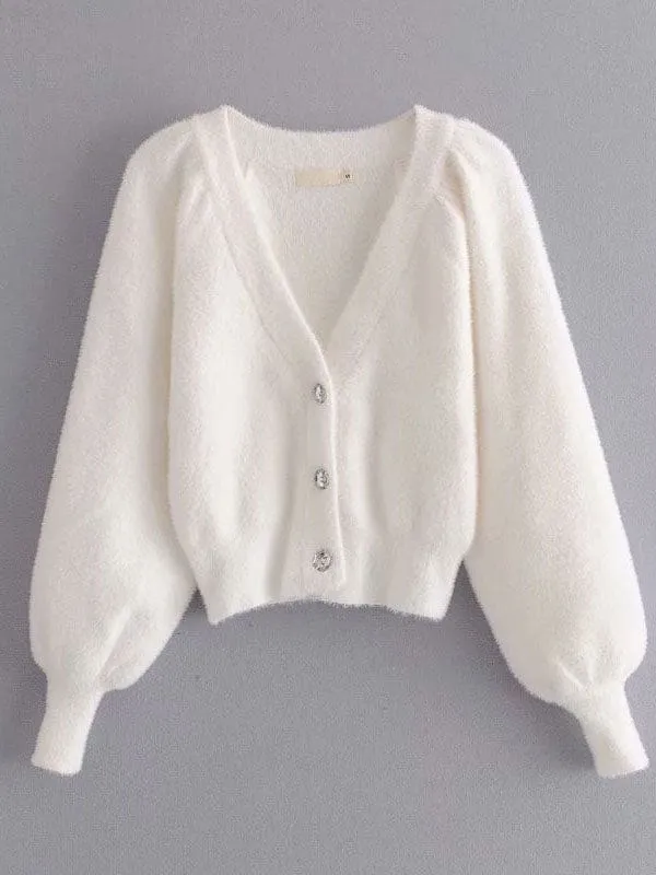 Short Faux Fur Coats For Women White Long Sleeves Stretch Front Button Overcoat
