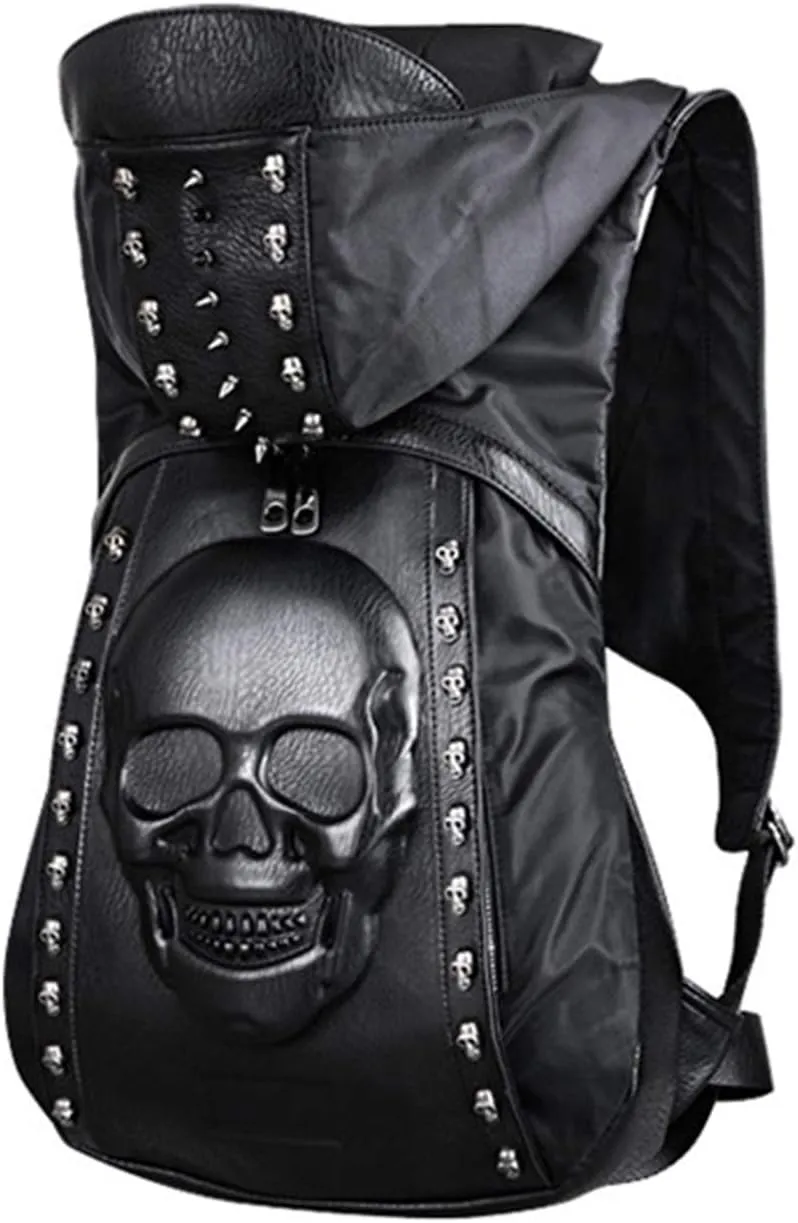 Skull Punk Art Fashion Backpack Hooded Rivet Studded Biker Purse Gothic 3D Skull PU Leather Bookbag Python Daypack Shoulder Bag Laptop Bag