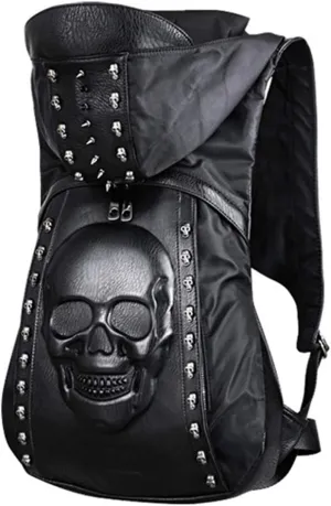 Skull Punk Art Fashion Backpack Hooded Rivet Studded Biker Purse Gothic 3D Skull PU Leather Bookbag Python Daypack Shoulder Bag Laptop Bag