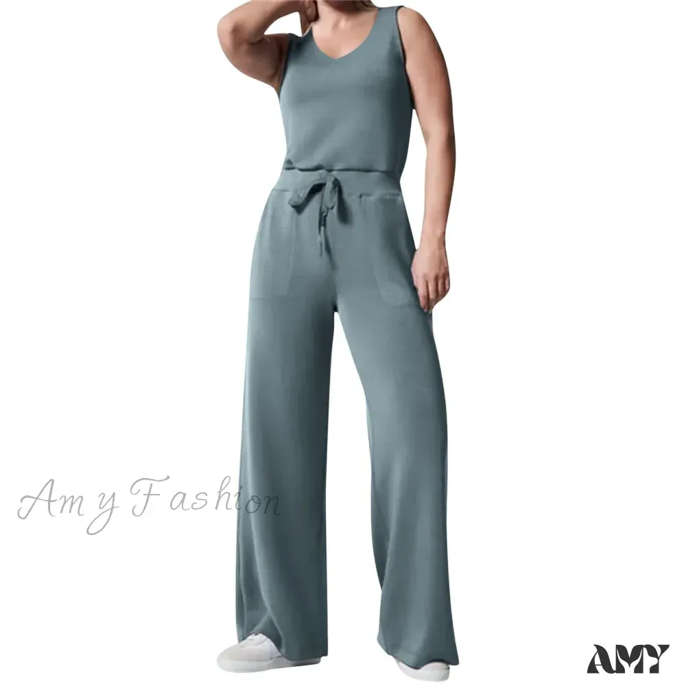 Solid Button Sleeveless Light Rip Straight Trendy Loose Trouser