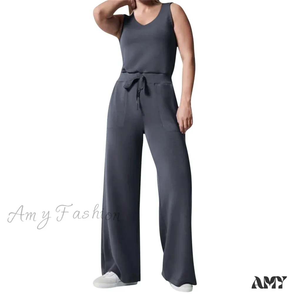 Solid Button Sleeveless Light Rip Straight Trendy Loose Trouser