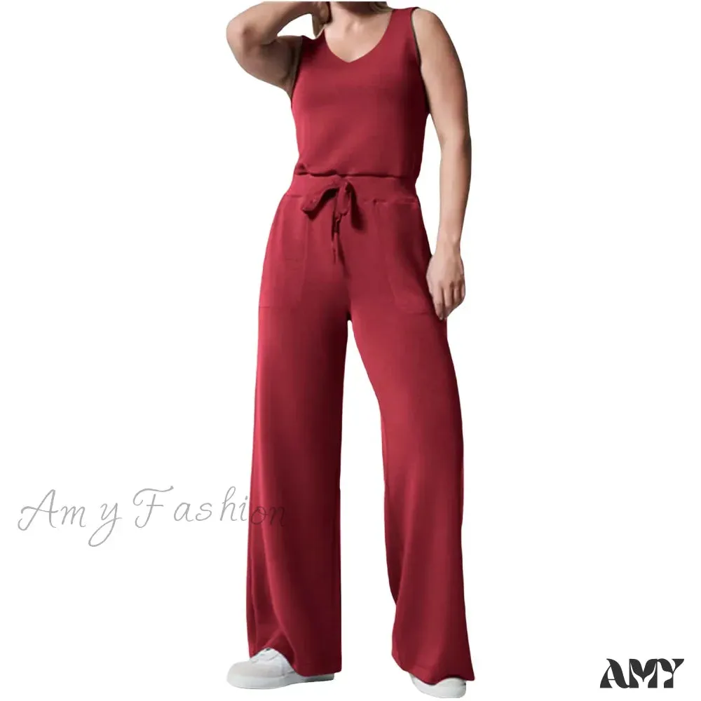 Solid Button Sleeveless Light Rip Straight Trendy Loose Trouser
