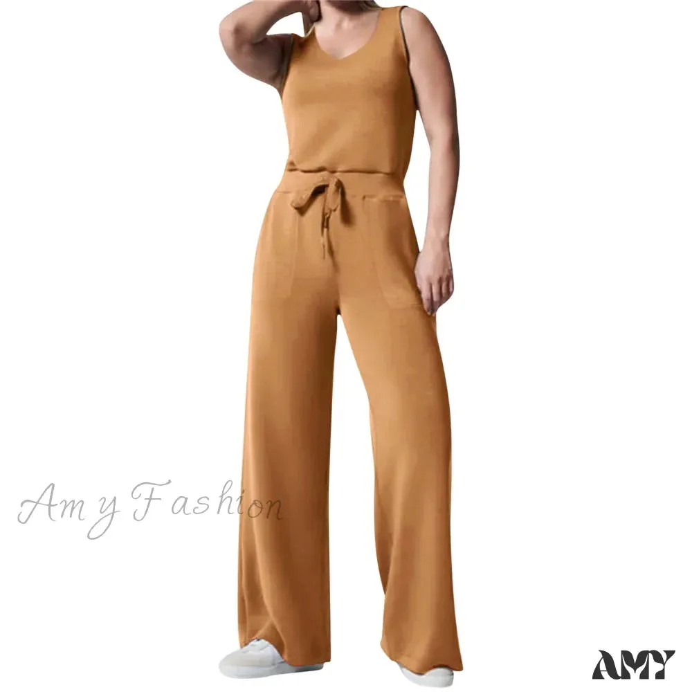 Solid Button Sleeveless Light Rip Straight Trendy Loose Trouser