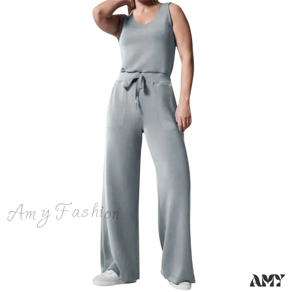 Solid Button Sleeveless Light Rip Straight Trendy Loose Trouser