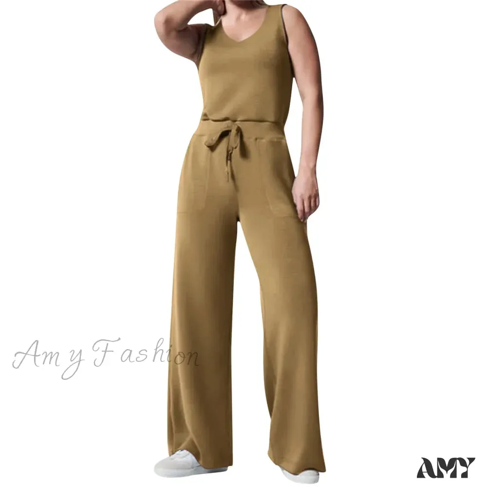 Solid Button Sleeveless Light Rip Straight Trendy Loose Trouser