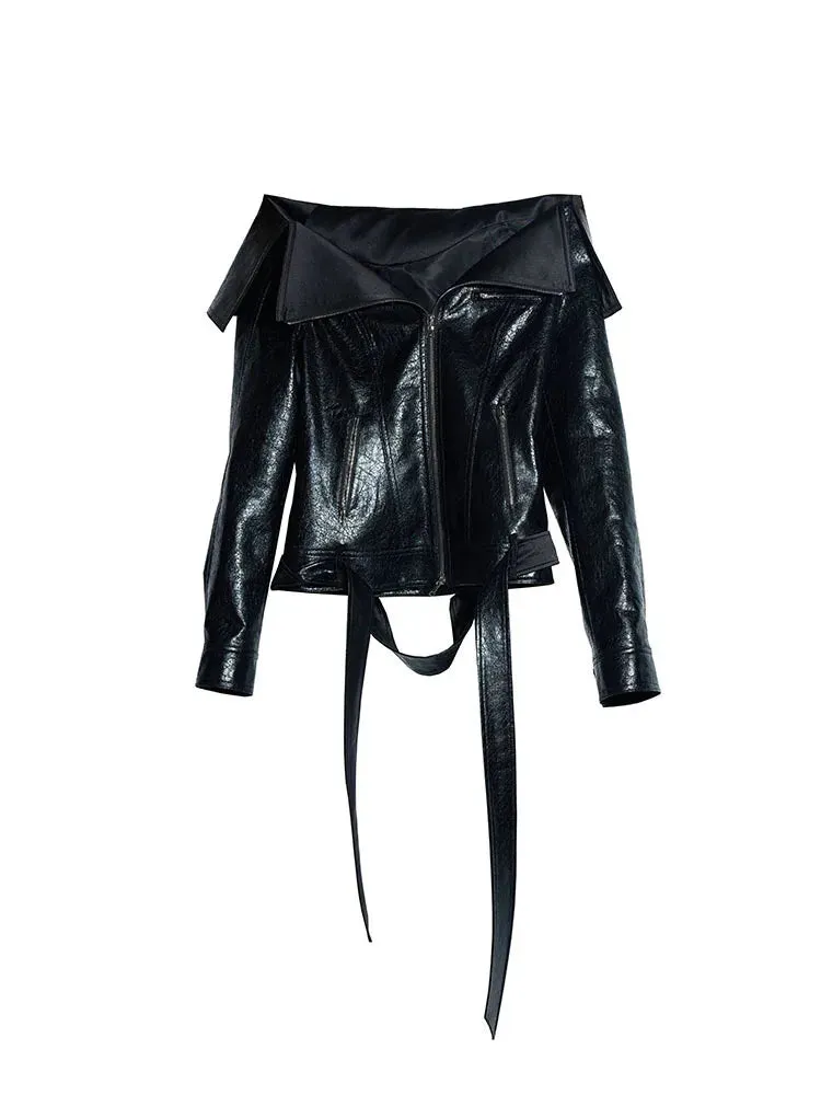 Solid Streetwear Chic Jacket For Women Slash Neck Long Sleeve Spliced Zipper Drsigner Coats Female Fashion Style