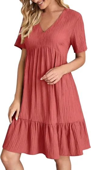 Summer Dresses for Women 2025 Short Sleeve Elegant Mini Dress Pleated Casual Dresses Ruffle Flowy V Neck Beach Sundresses