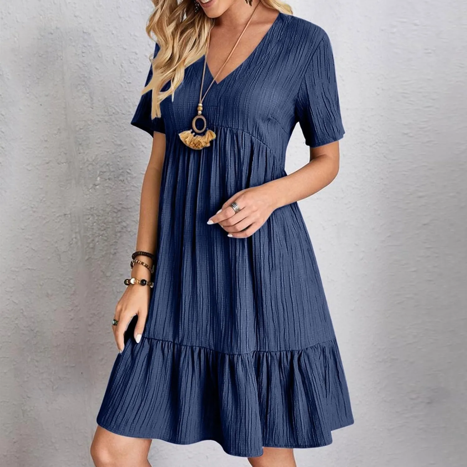 Summer Dresses for Women 2025 Short Sleeve Elegant Mini Dress Pleated Casual Dresses Ruffle Flowy V Neck Beach Sundresses