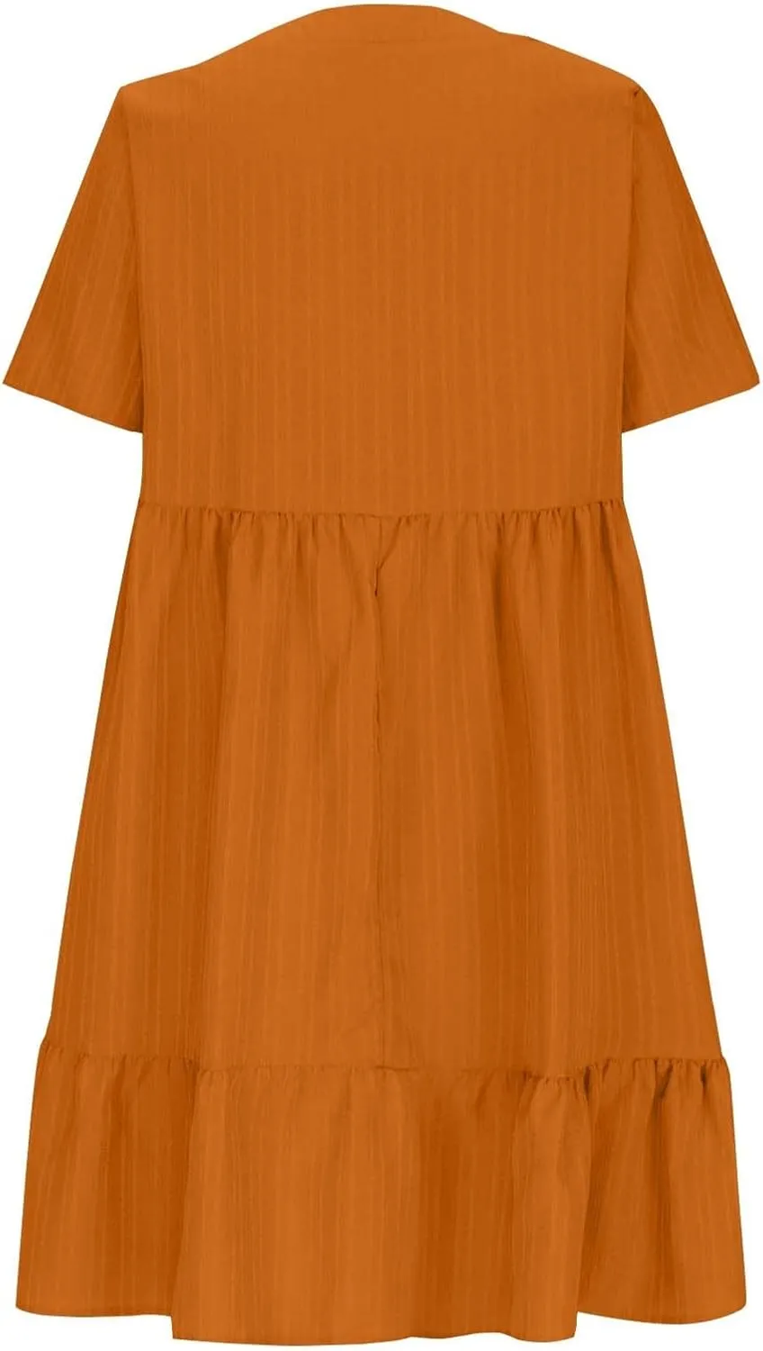 Summer Dresses for Women 2025 Short Sleeve Elegant Mini Dress Pleated Casual Dresses Ruffle Flowy V Neck Beach Sundresses