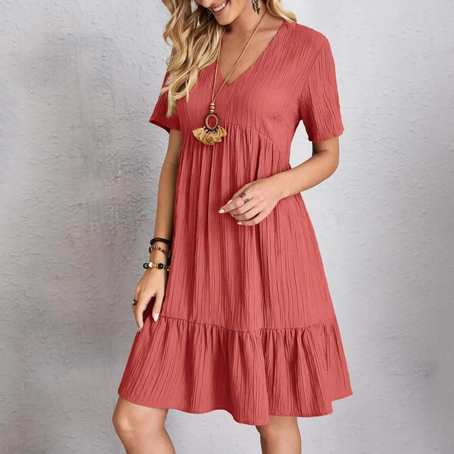 Summer Dresses for Women 2025 Short Sleeve Elegant Mini Dress Pleated Casual Dresses Ruffle Flowy V Neck Beach Sundresses