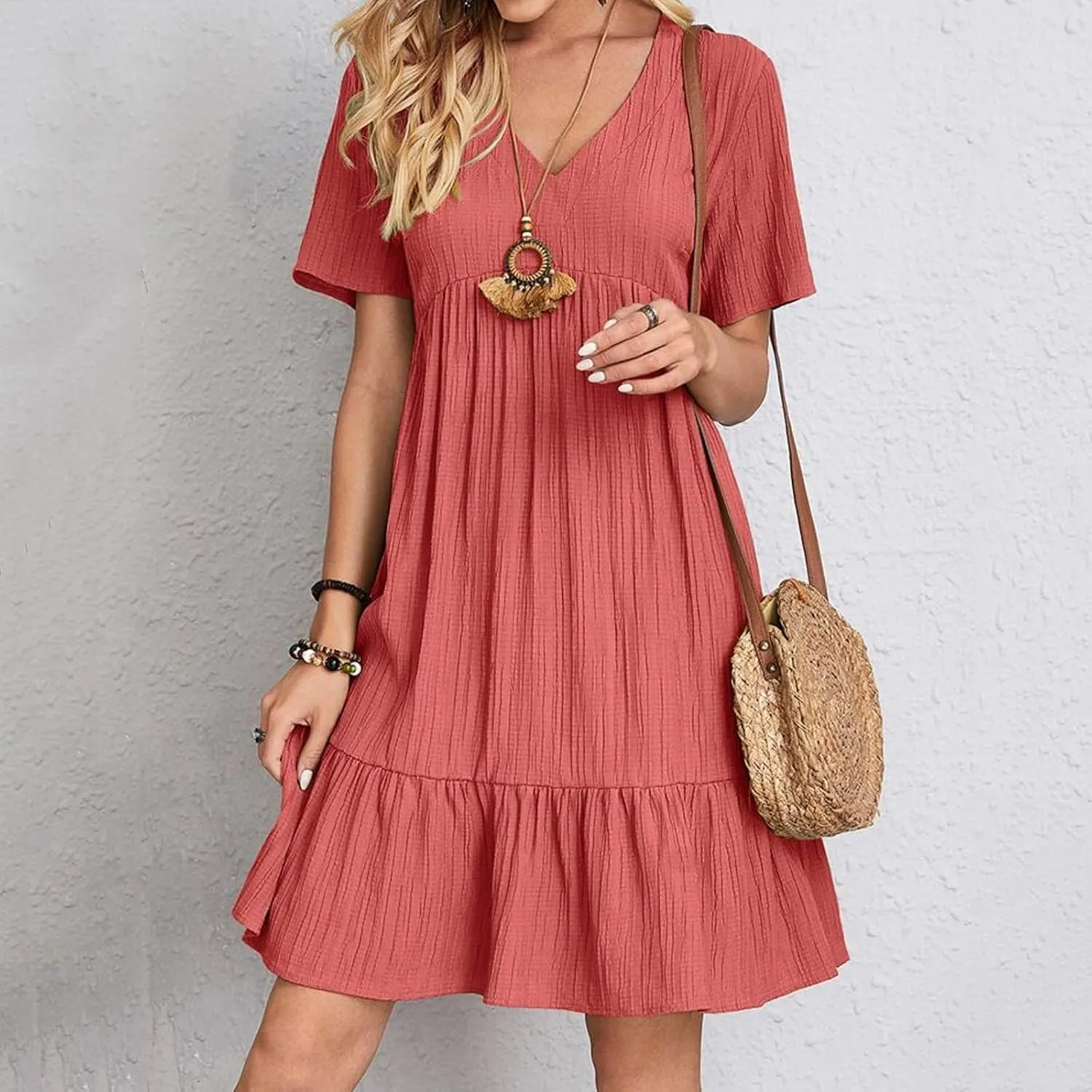 Summer Dresses for Women 2025 Short Sleeve Elegant Mini Dress Pleated Casual Dresses Ruffle Flowy V Neck Beach Sundresses