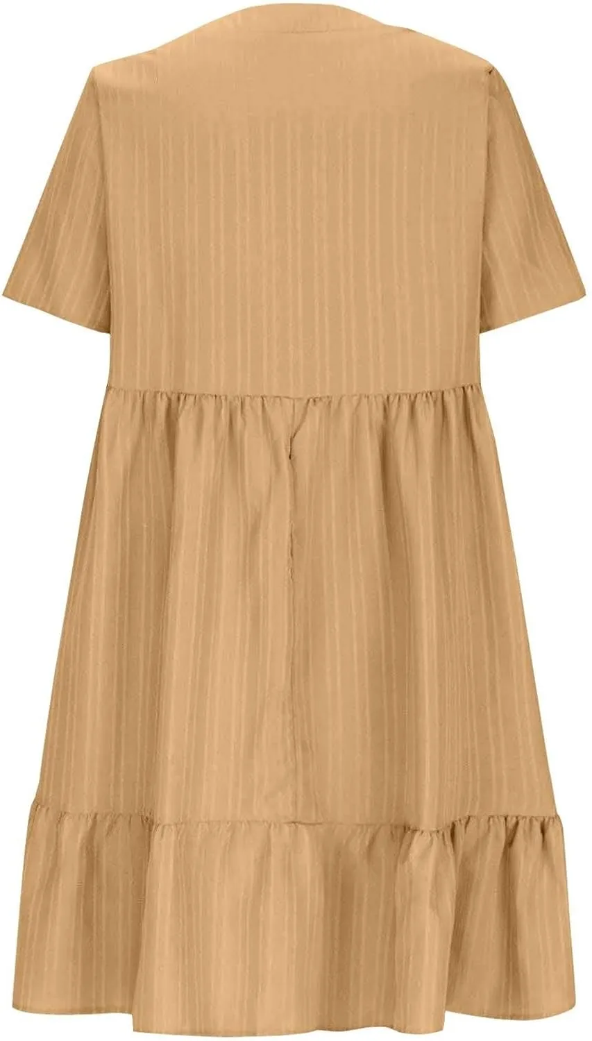 Summer Dresses for Women 2025 Short Sleeve Elegant Mini Dress Pleated Casual Dresses Ruffle Flowy V Neck Beach Sundresses