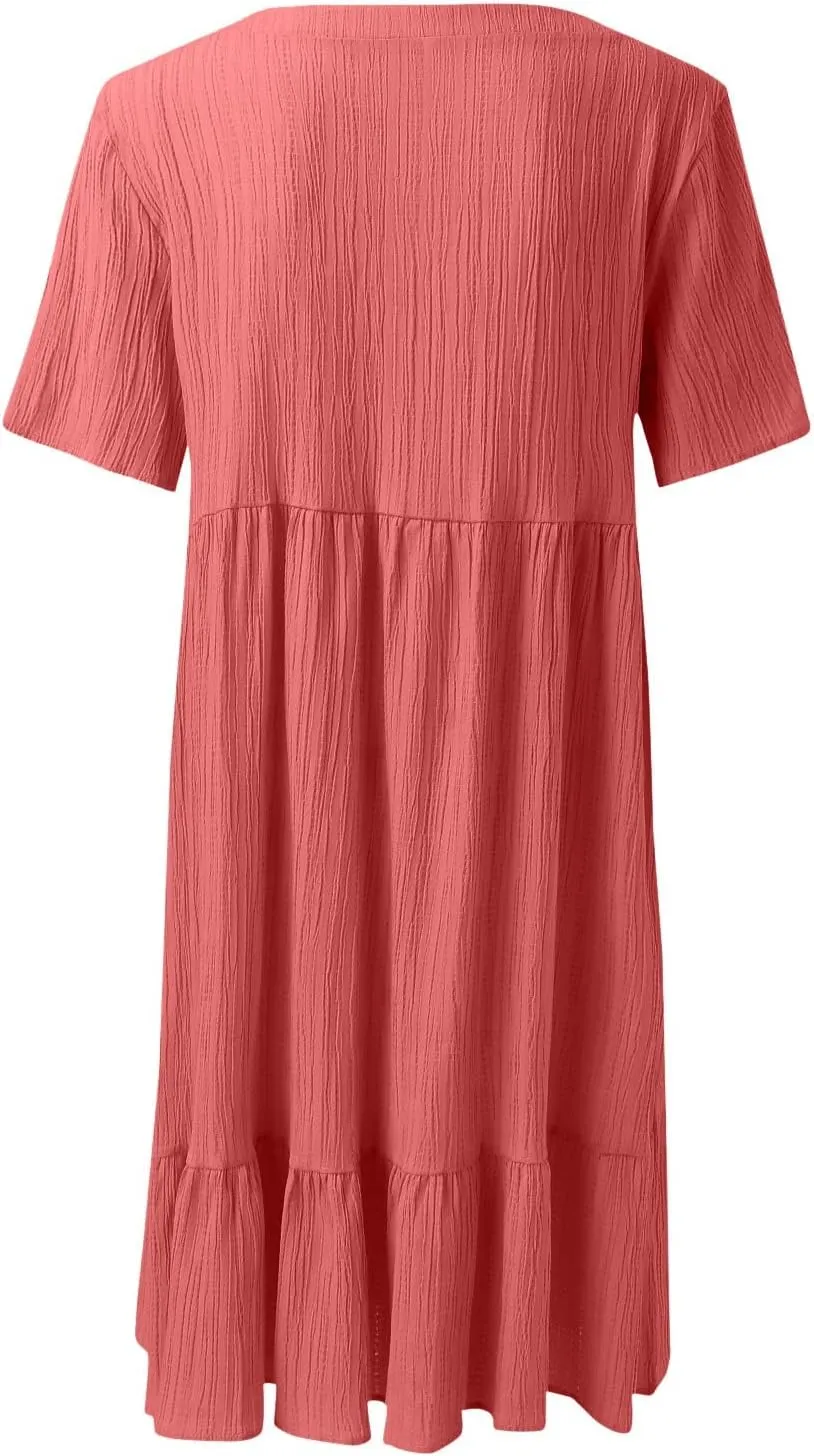 Summer Dresses for Women 2025 Short Sleeve Elegant Mini Dress Pleated Casual Dresses Ruffle Flowy V Neck Beach Sundresses