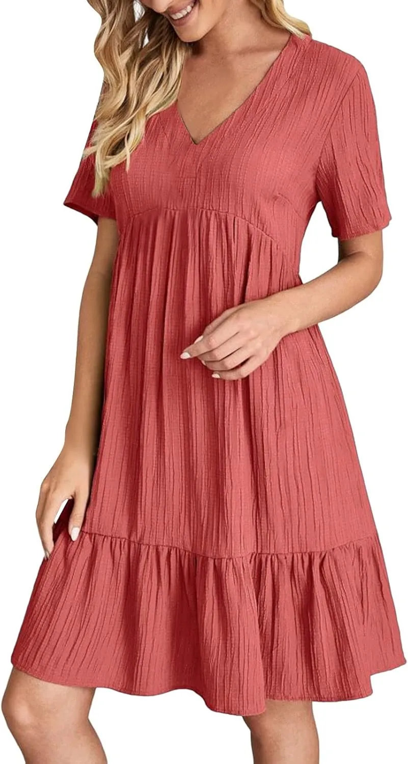 Summer Dresses for Women 2025 Short Sleeve Elegant Mini Dress Pleated Casual Dresses Ruffle Flowy V Neck Beach Sundresses
