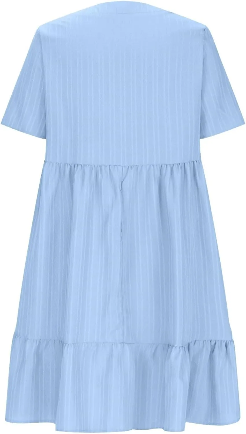 Summer Dresses for Women 2025 Short Sleeve Elegant Mini Dress Pleated Casual Dresses Ruffle Flowy V Neck Beach Sundresses
