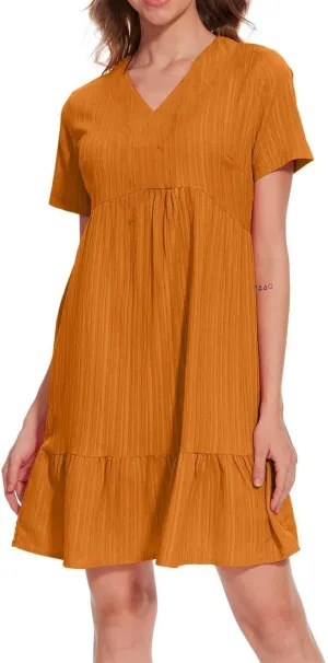 Summer Dresses for Women 2025 Short Sleeve Elegant Mini Dress Pleated Casual Dresses Ruffle Flowy V Neck Beach Sundresses