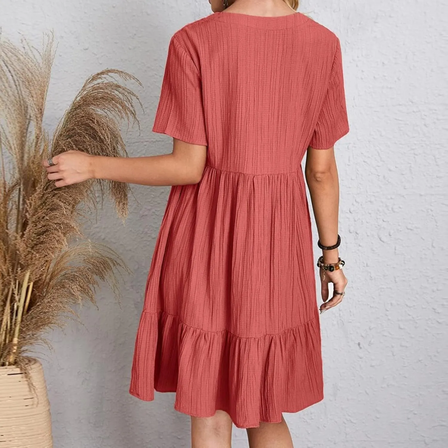 Summer Dresses for Women 2025 Short Sleeve Elegant Mini Dress Pleated Casual Dresses Ruffle Flowy V Neck Beach Sundresses